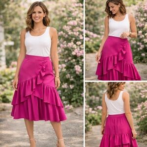 Lulumari Barbiecore Fuchsia Pink Ruffle Midi Skirt Small Flowy Layered Statement